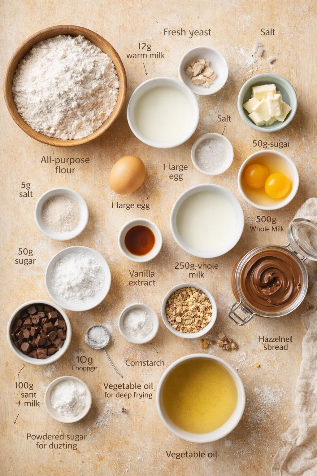 Overhead view of labeled baking ingredients arranged on a wooden surface