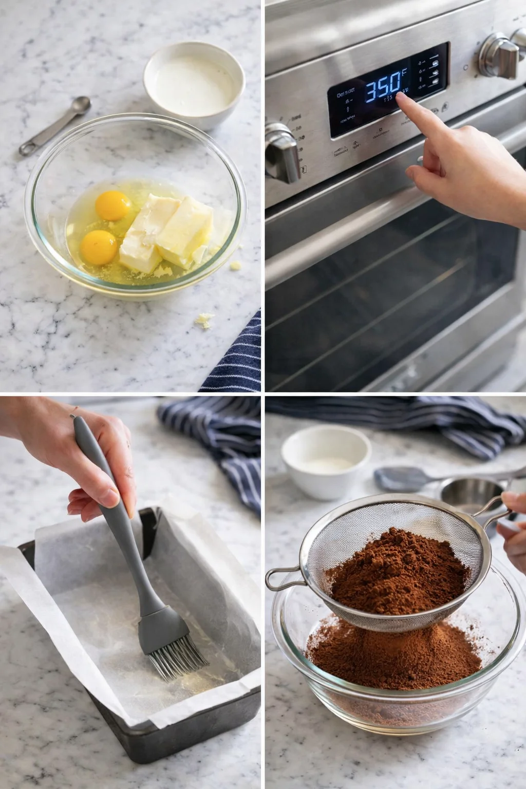 collage showing baking steps: eggs and butter, preheating oven, greasing pan, cocoa sift.