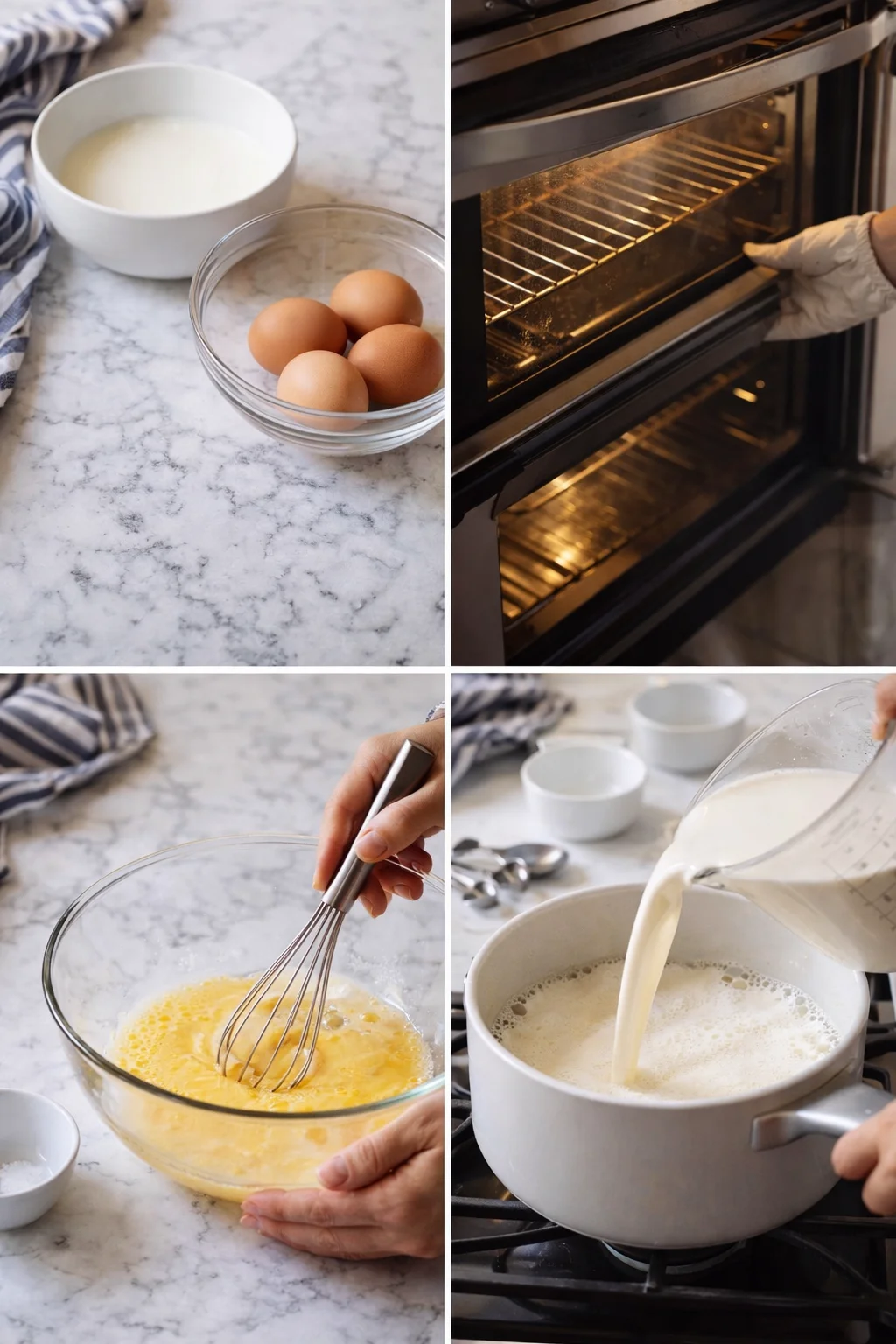 Collage of kitchen steps: eggs, milk on marble, whisking, and milk pouring into a pot.