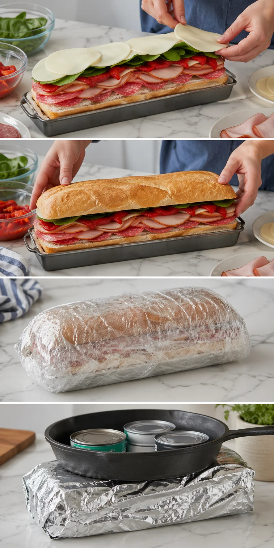 Hands assemble a layered deli sandwich in a baking pan, then wrap and prep for bake.