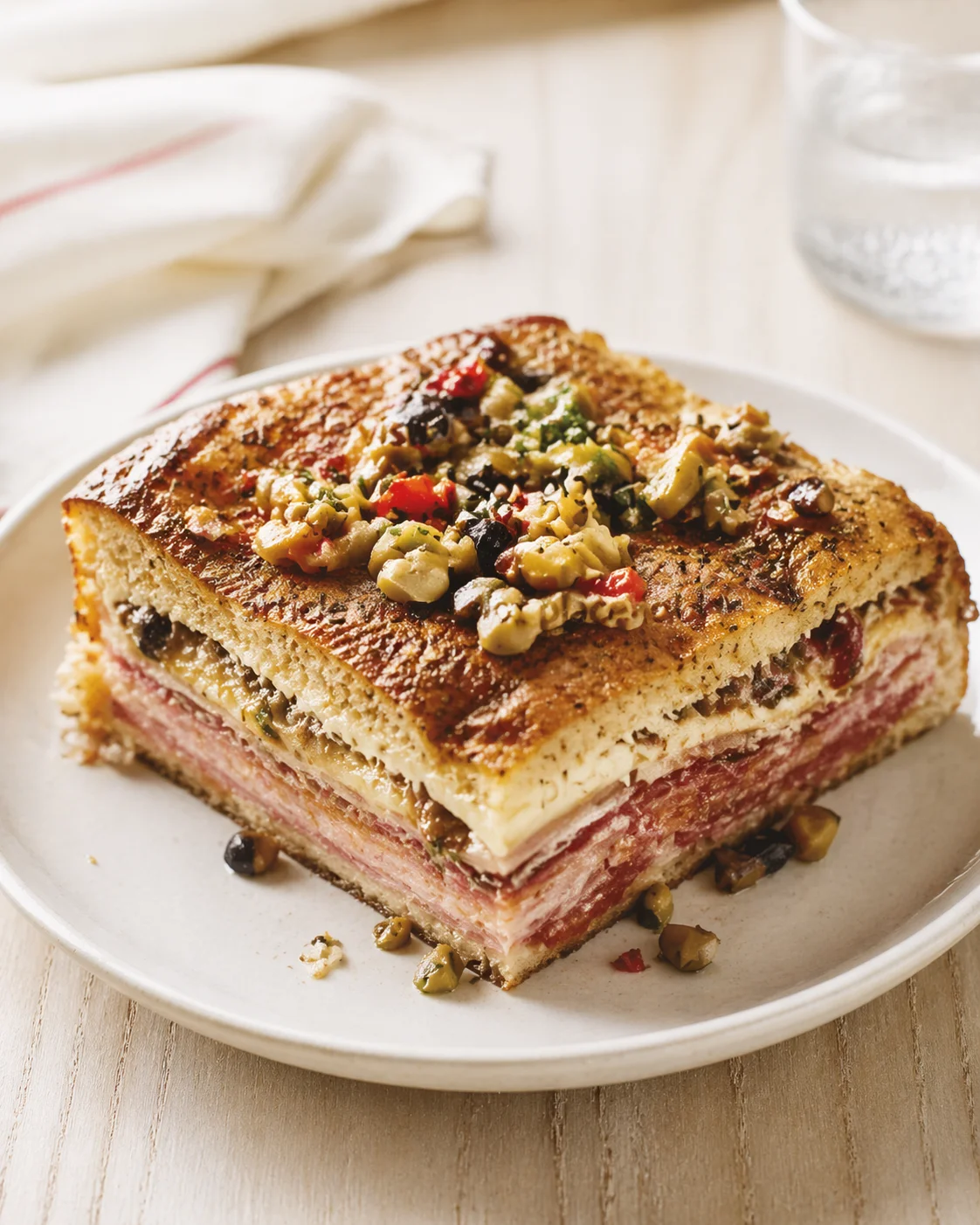 golden-brown layered ham and cheese bake on a white plate, topped with chopped olives and red peppers.