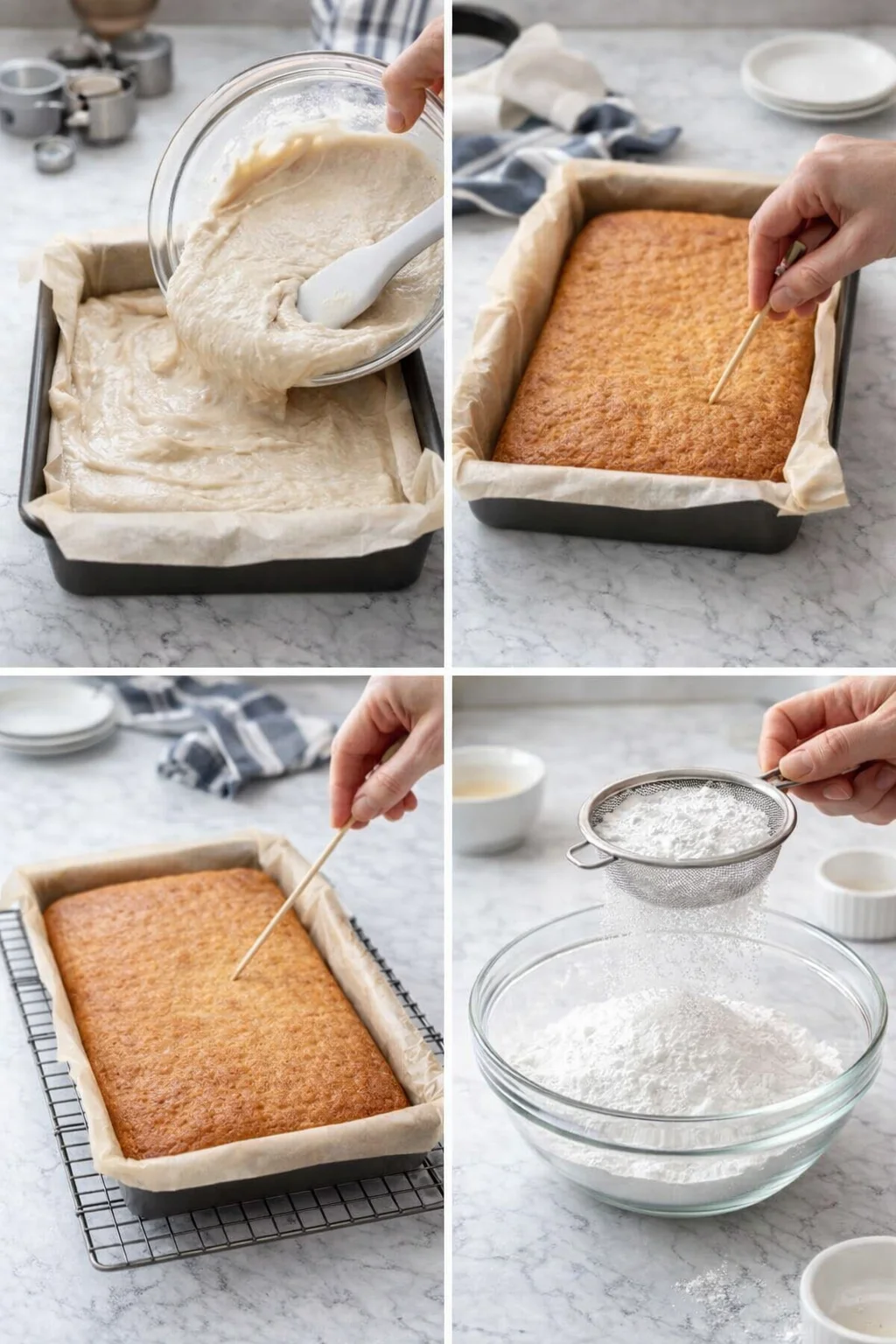 four-panel collage of loaf cake steps: pouring batter, baking, testing doneness, and dusting with sugar