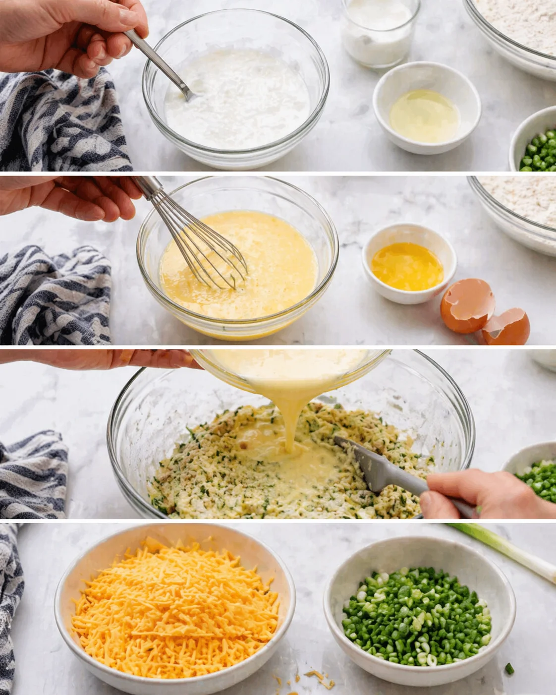 four-panel kitchen collage of batter whisking and pouring with cheese and vegetables