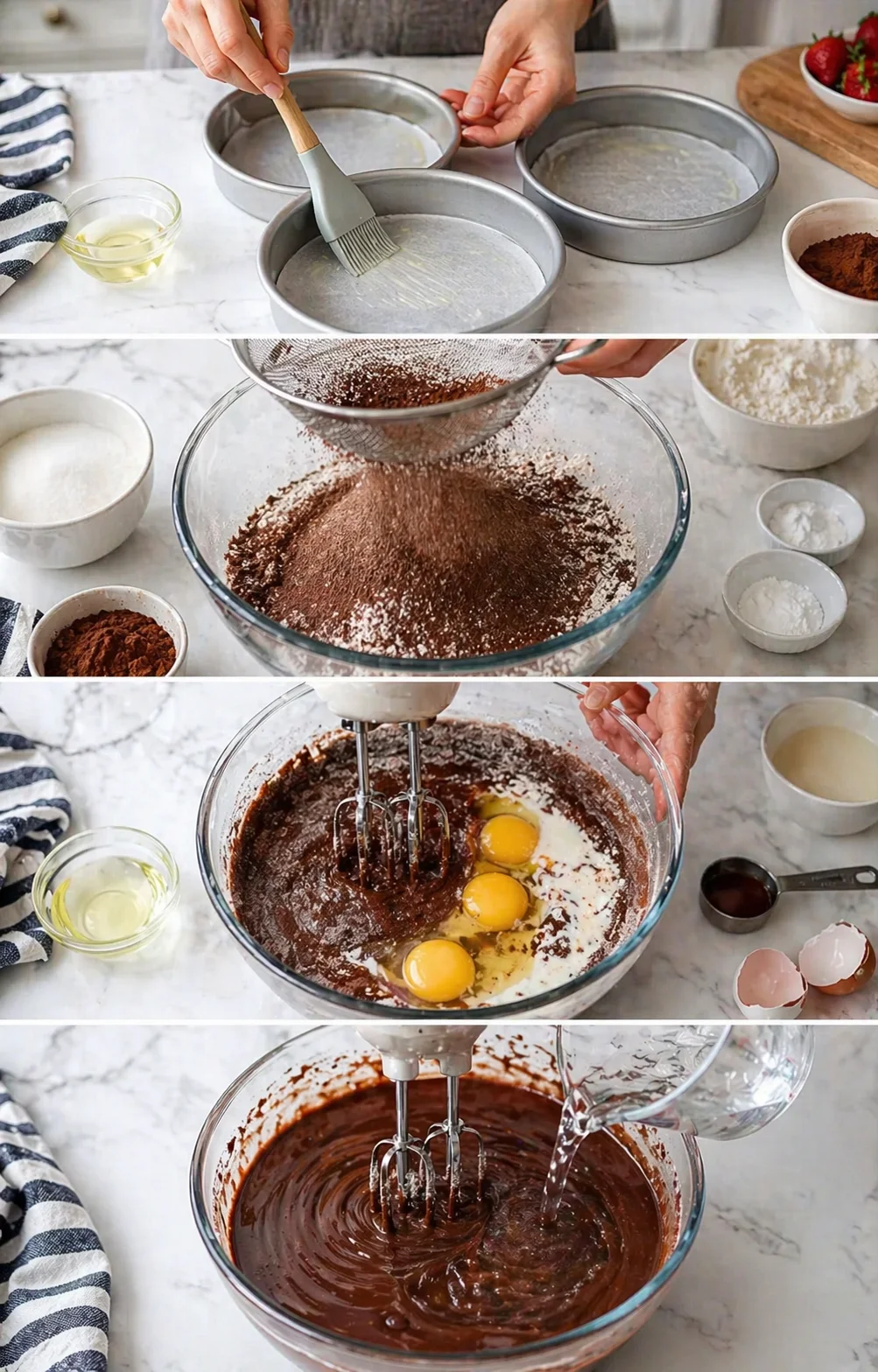 Collage showing greased cake pans, sifting cocoa with dry ingredients, adding eggs, and mixing chocolate batter.
