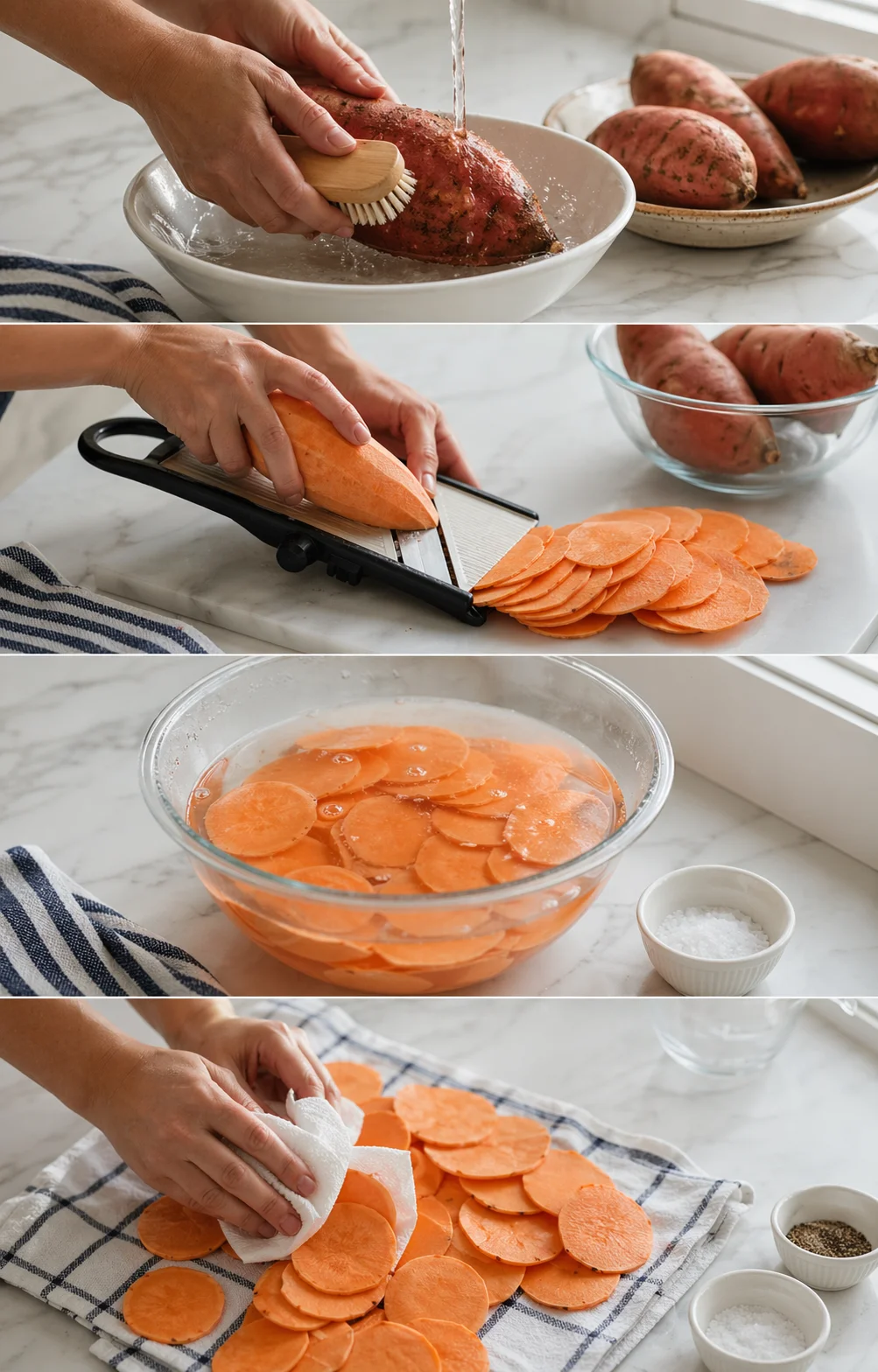 Hands scrub a sweet potato, slice on a mandoline, orange chips arranged on a counter.