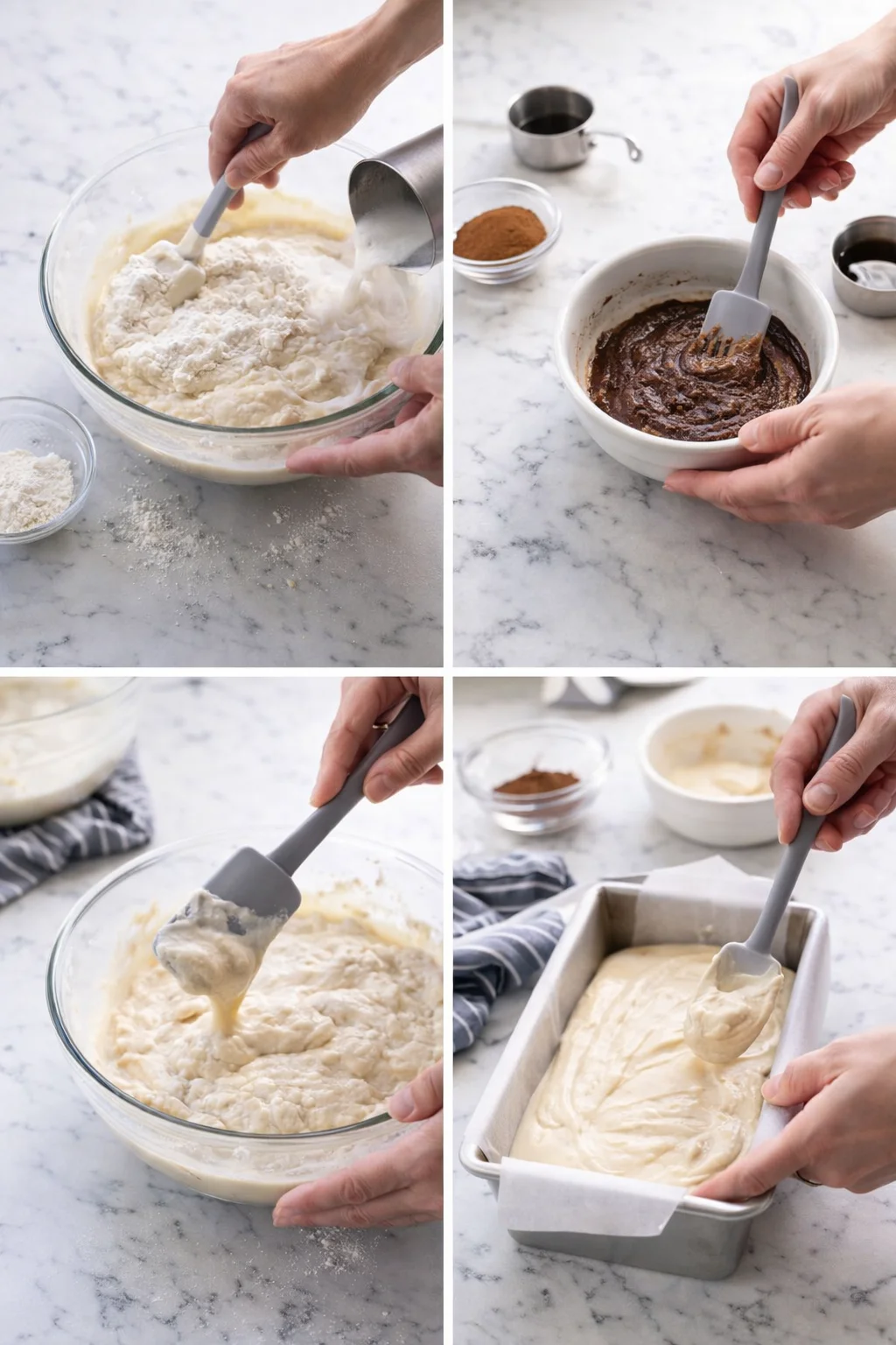 Four-panel collage showing hands mixing vanilla batter, chocolate batter, and filling a loaf pan.