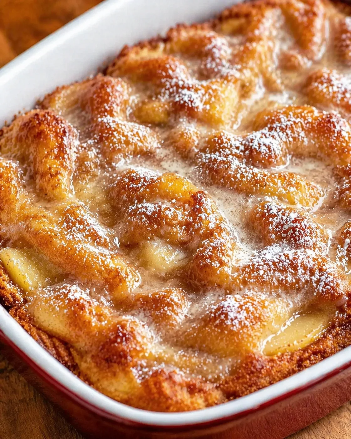 Golden-brown monkey bread pieces in a white baking dish, dusted with powdered sugar.