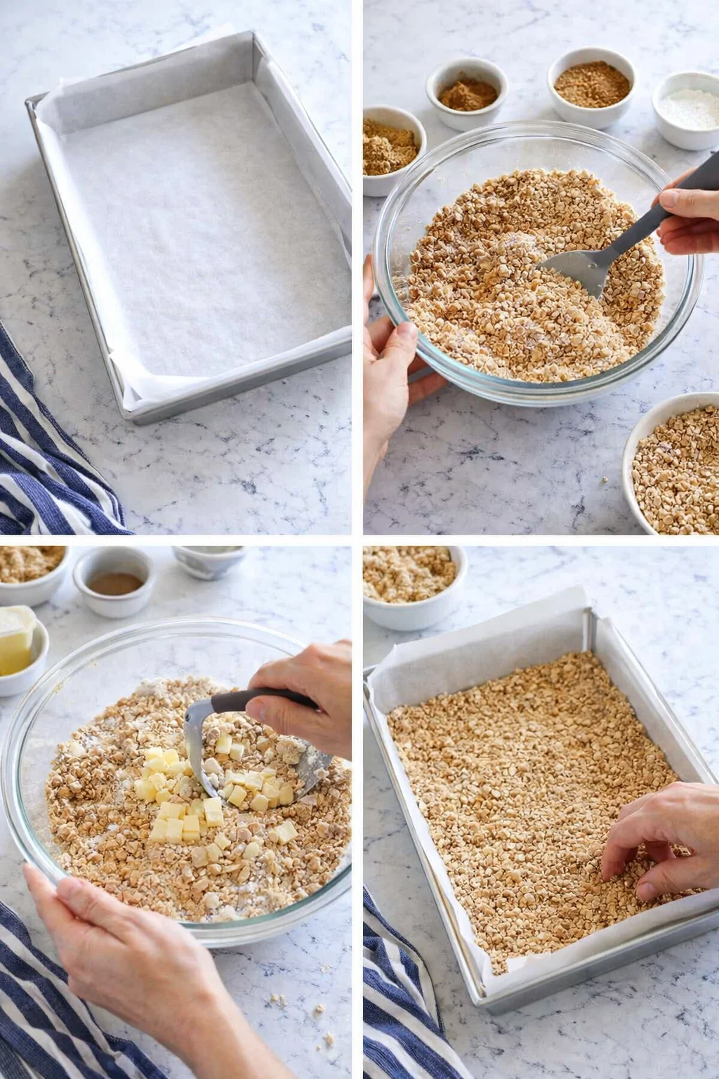 Four-panel collage showing parchment-lined loaf pan, oat-butter mixture, and crust being pressed