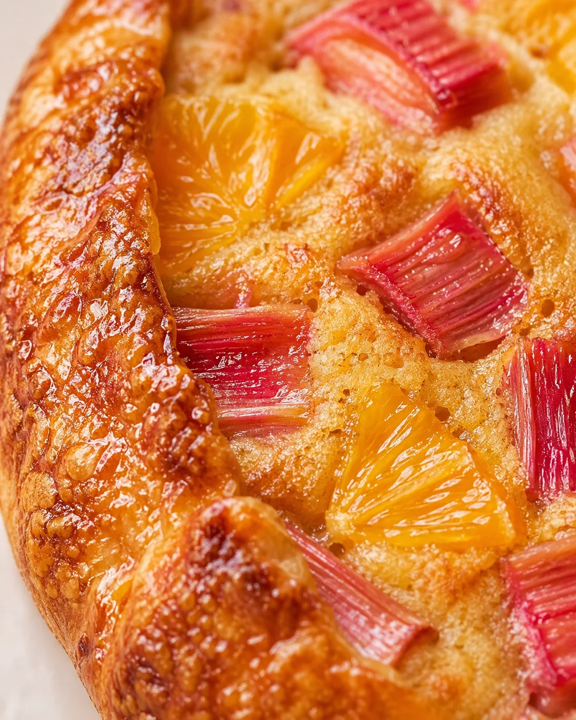 close-up view of a rustic fruit tart with orange segments and rhubarb on a golden crust.