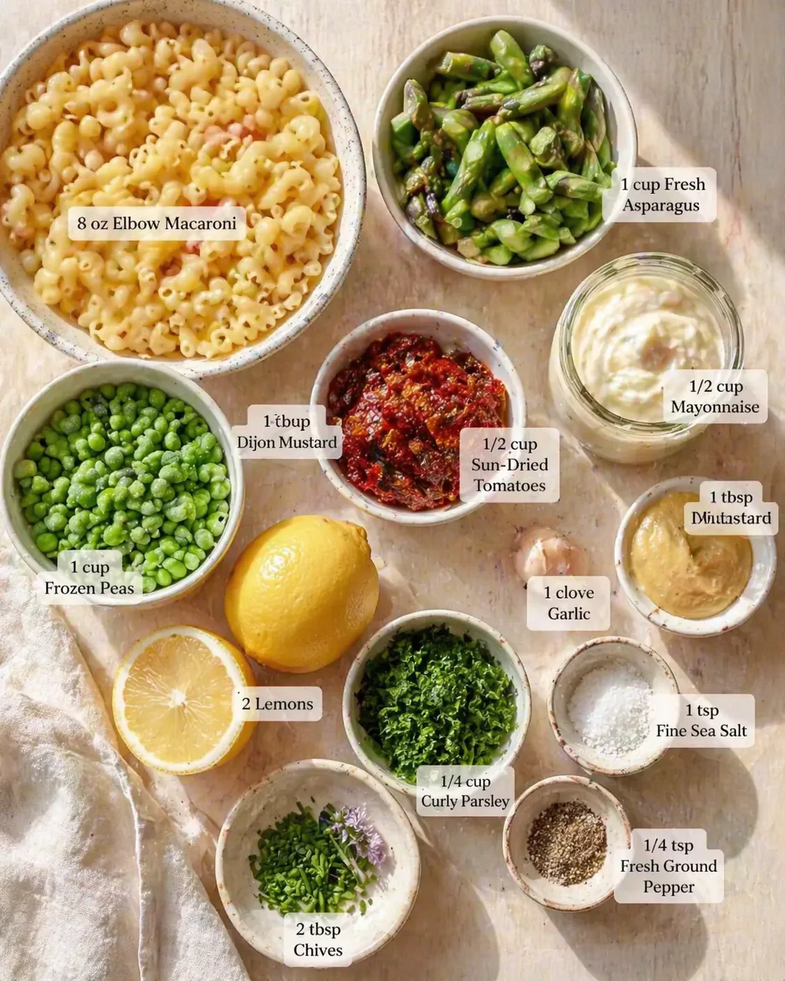 Overhead view of ingredient bowls for pasta prep: macaroni, peas, asparagus, sun-dried tomatoes, and condiments.