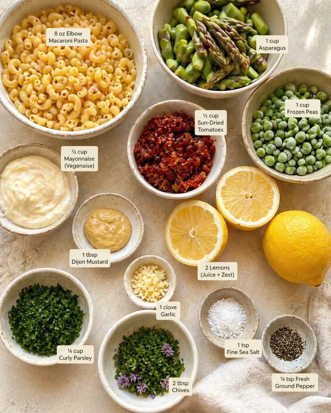 Top-down view of labeled pasta ingredients arranged in bowls on a light countertop.