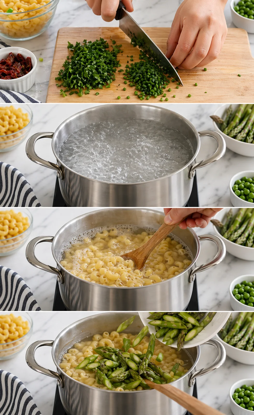 multi-panel kitchen scene showing chopped herbs, a boiling pot of water, and asparagus being added to pasta on marble counter.