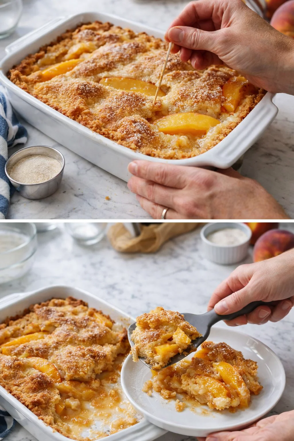Two-angle view of a peach cobbler in a white dish, golden crumb topping, and serving utensil.