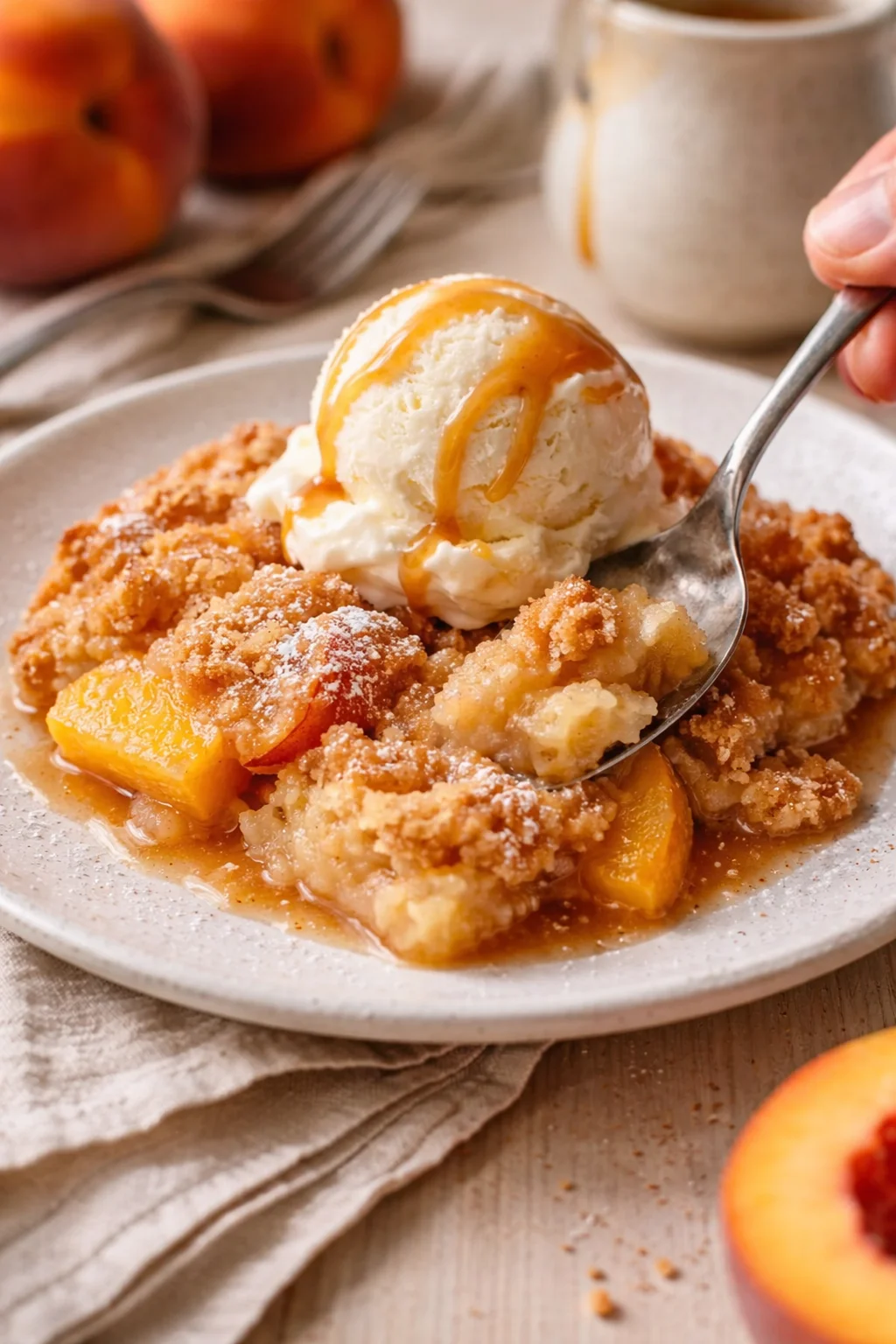 Plated peach cobbler with vanilla ice cream and caramel drizzle on a speckled plate