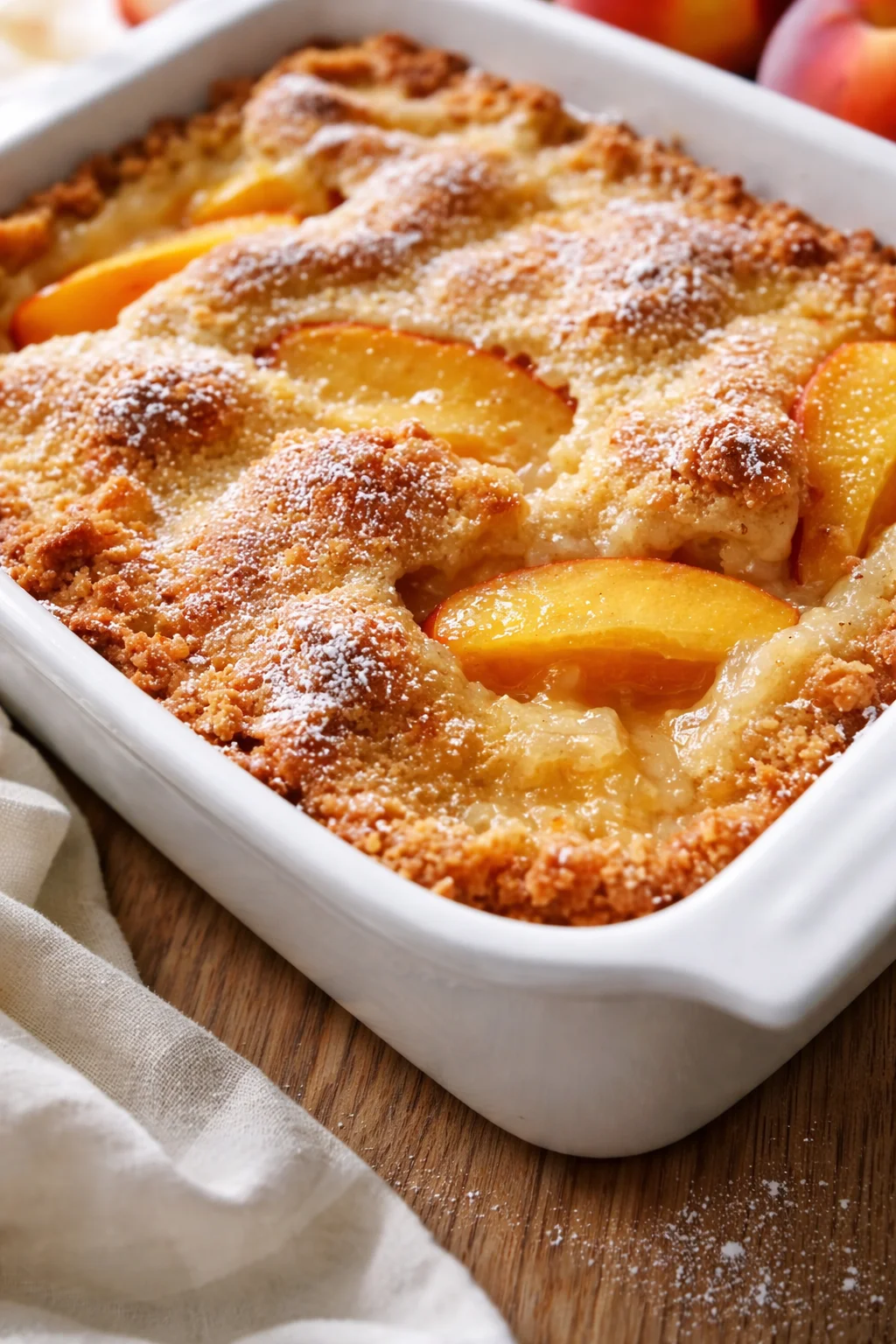 Golden peach crumble with visible peach slices and a crumbly crust in a white baking dish.