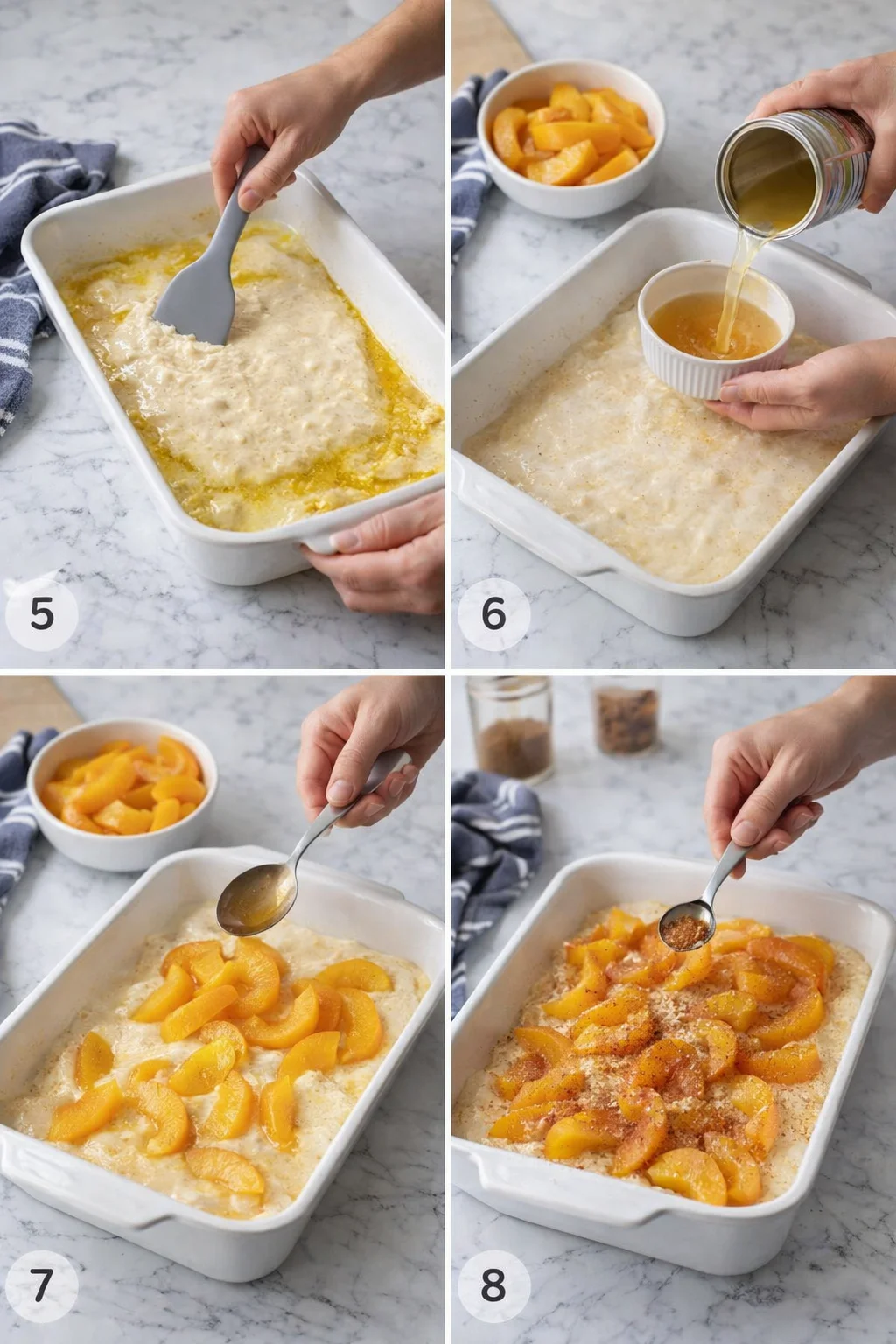 four-panel collage showing batter being spread, peaches added, and spice sprinkled over a baking-dish dessert