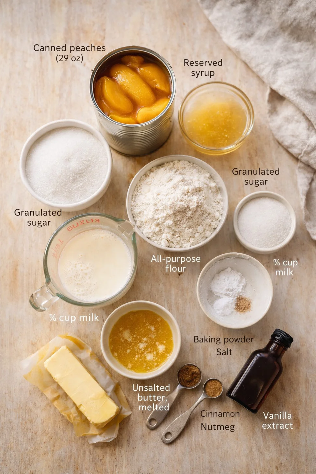 Overhead view of labeled baking ingredients on a wooden surface, ready for peach dessert.
