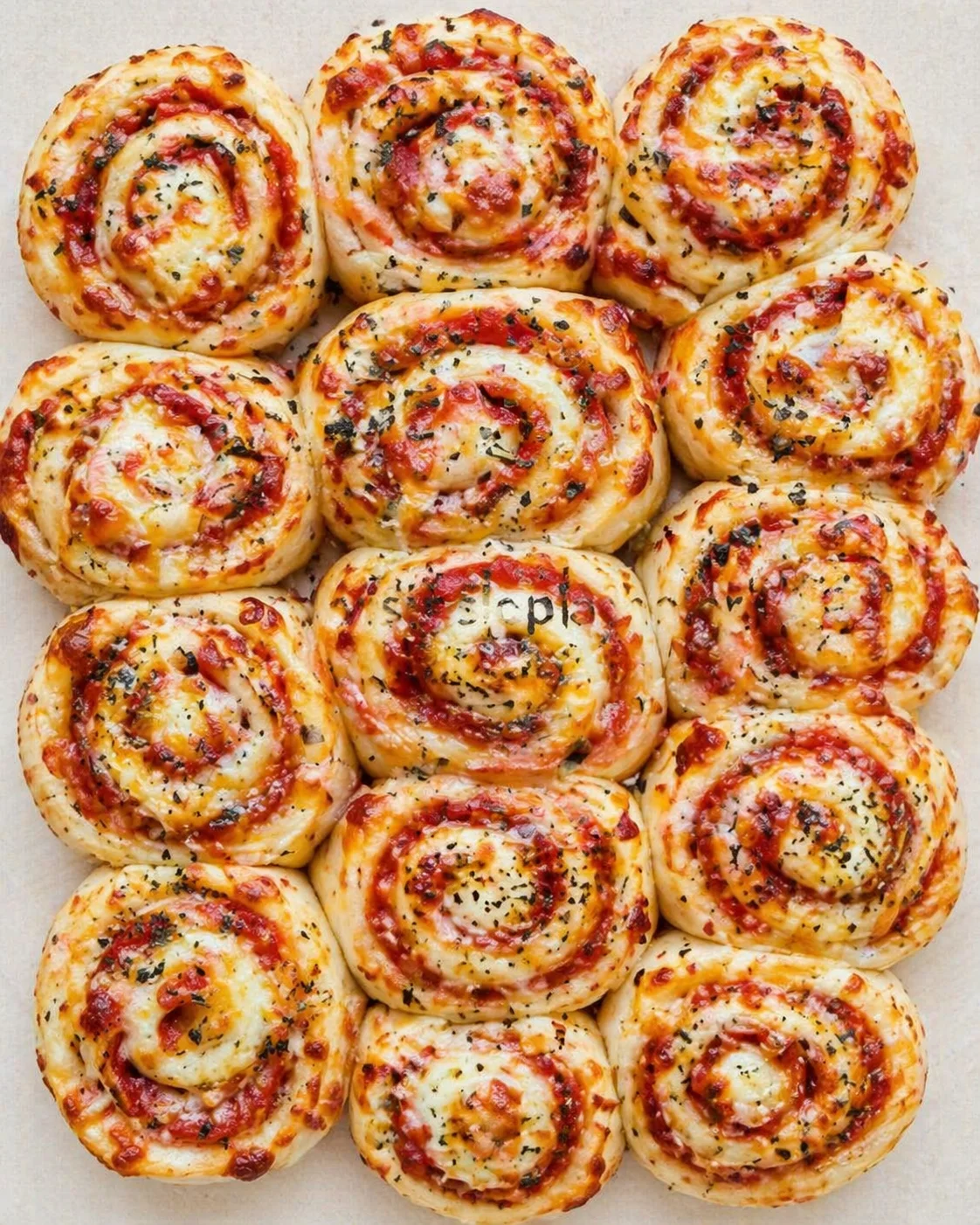 Overhead view of pepperoni and cheese pizza pinwheels arranged neatly on parchment.