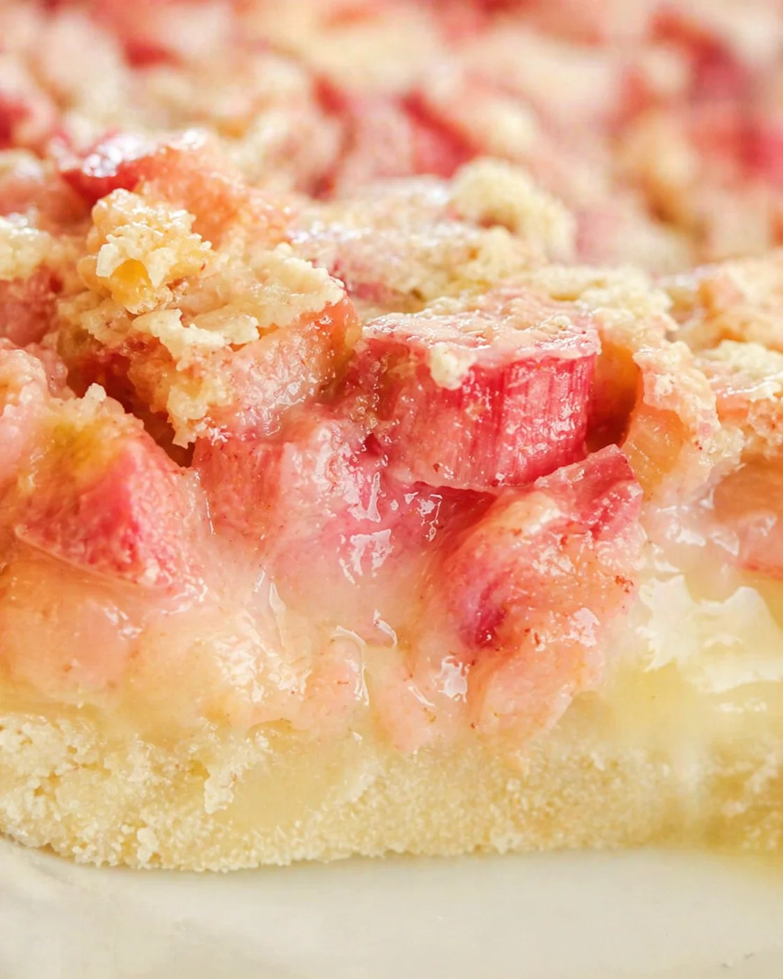 Close-up of pink rhubarb crumble with a crumbly topping and glossy juices on a pale crust.