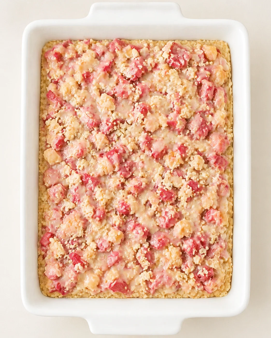 top-down view of a white baking dish filled with golden crumble and pink rhubarb pieces.