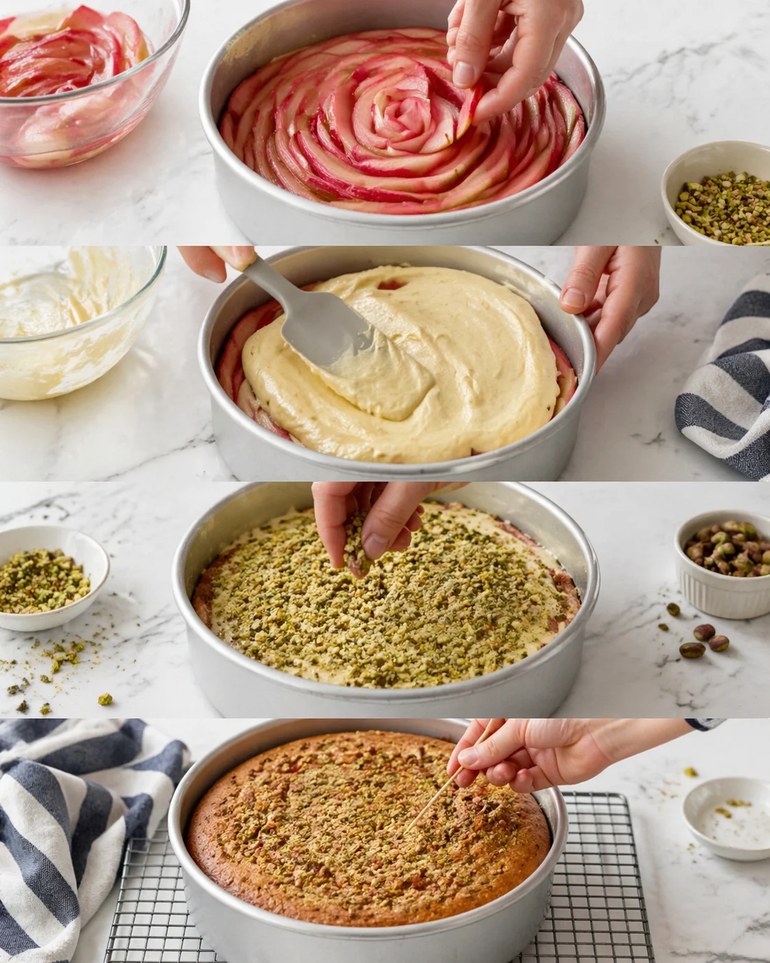 Round springform pan with pink fruit slices arranged in a rose swirl; batter added.