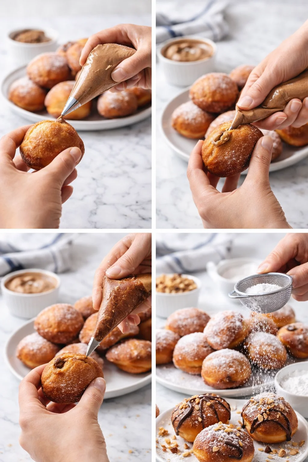 Hands piping filling into mini doughnuts and dusting with powdered sugar in a bright kitchen collage.