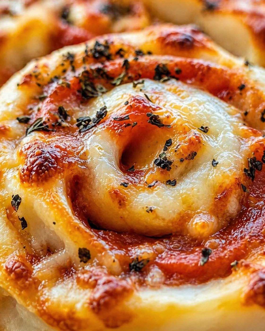 Close-up of a spiral cheesy bread with tomato sauce and herbs.