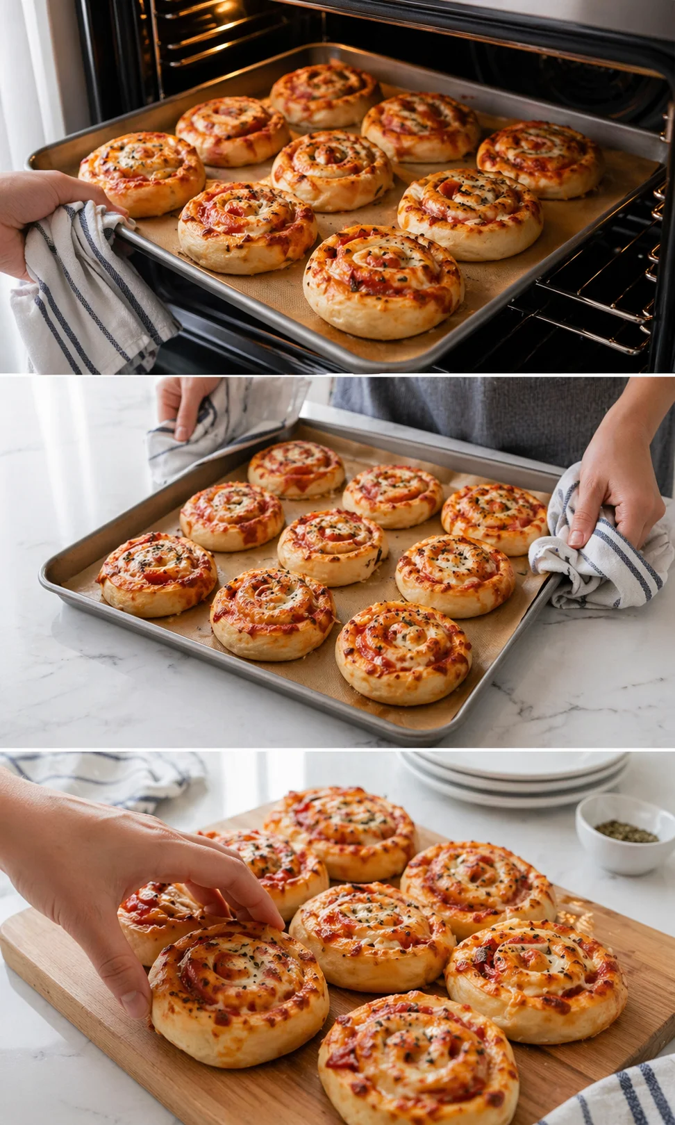 Three-panel collage showing pizza pinwheels baking, out of the oven, and resting on a wooden board