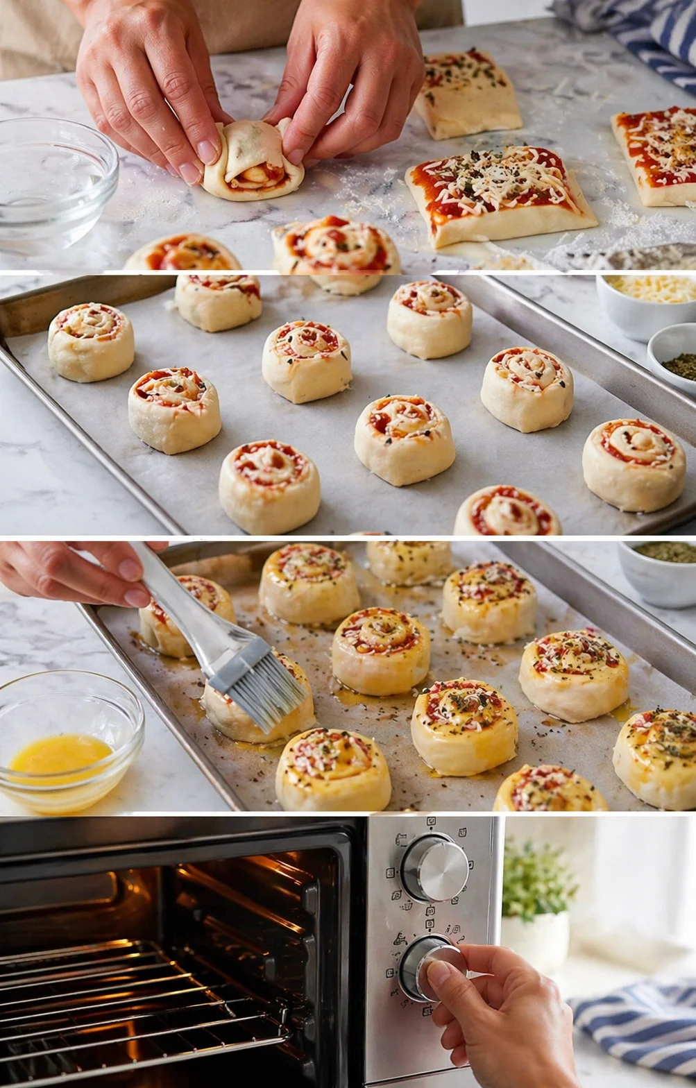 hands shaping dough into mini pizza rolls with tomato sauce and cheese on a marble counter