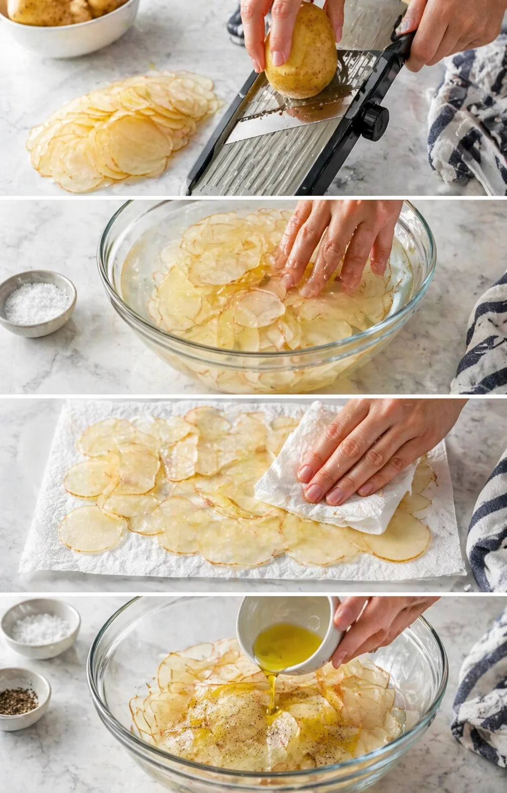 Four-panel sequence showing potato chips prep: slicing, soaking, drying, and oiling.