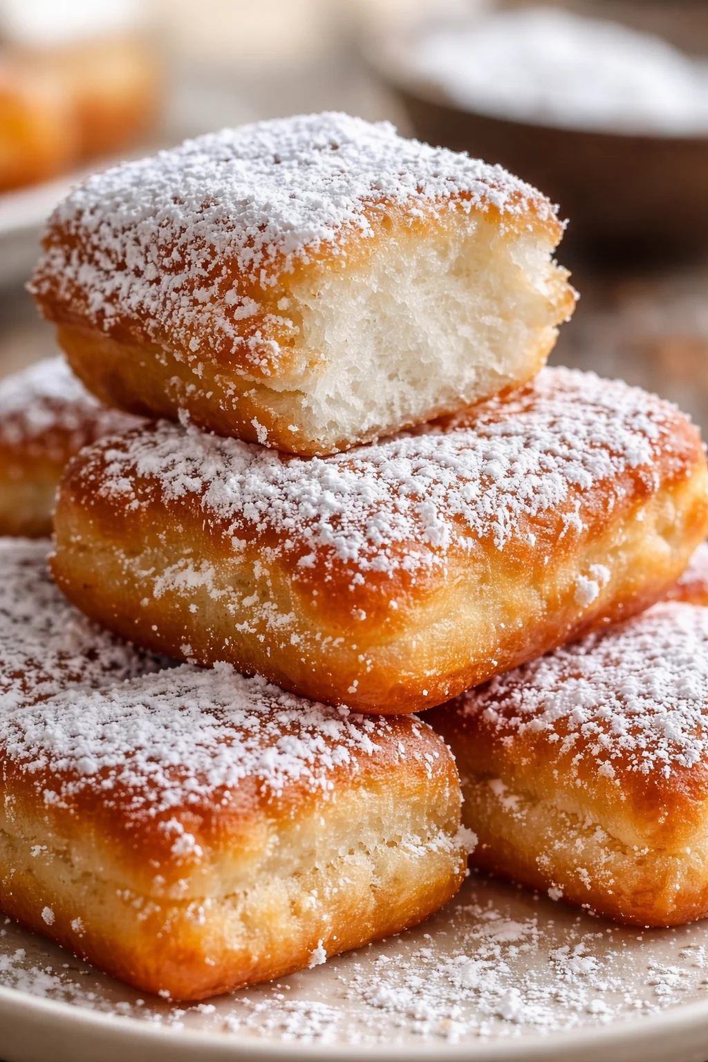 Stacked powdered-sugar donuts on a plate; a cut donut reveals a soft, airy crumb.