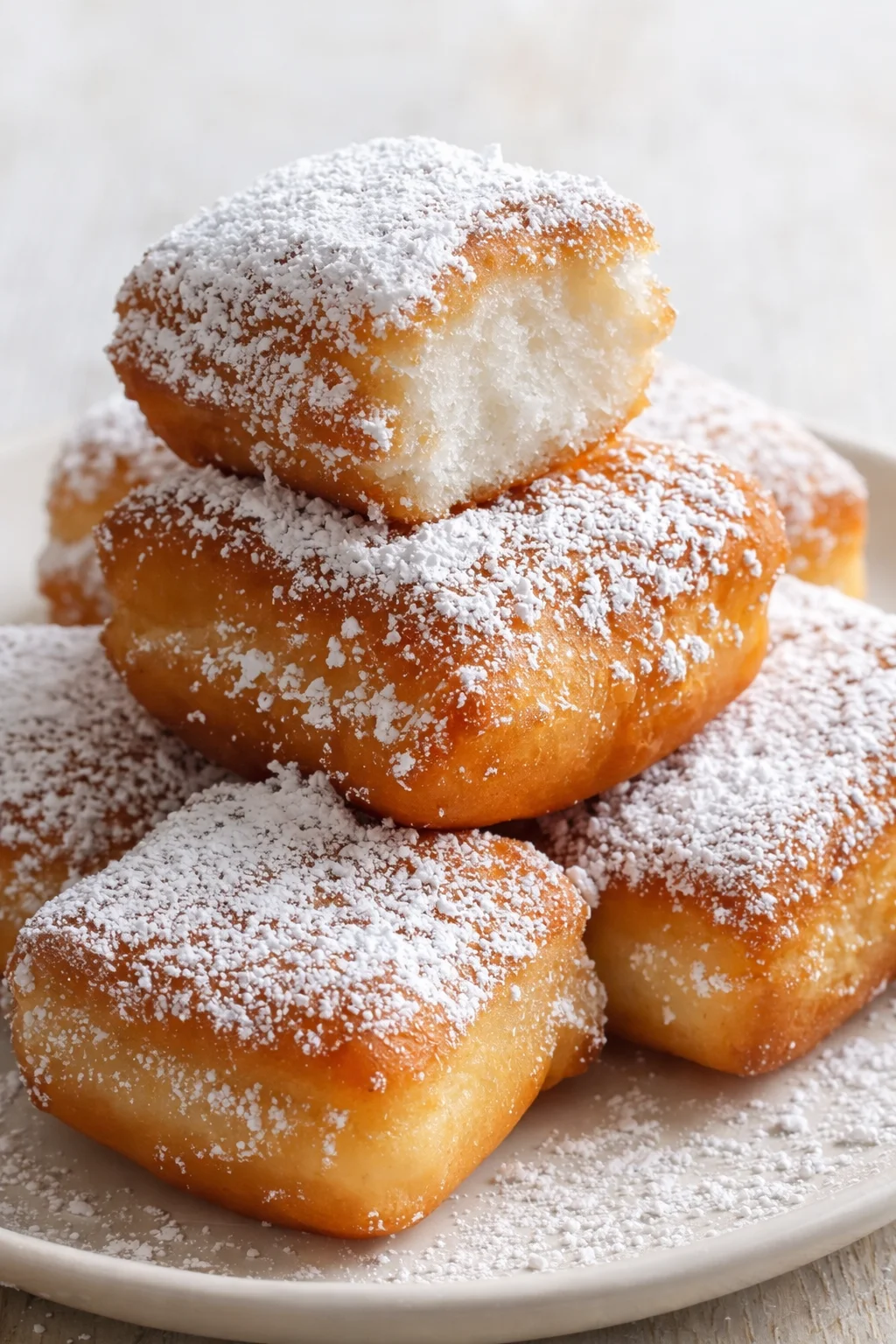 Stack of golden, fluffy donuts lightly dusted with powdered sugar, arranged on a white plate.