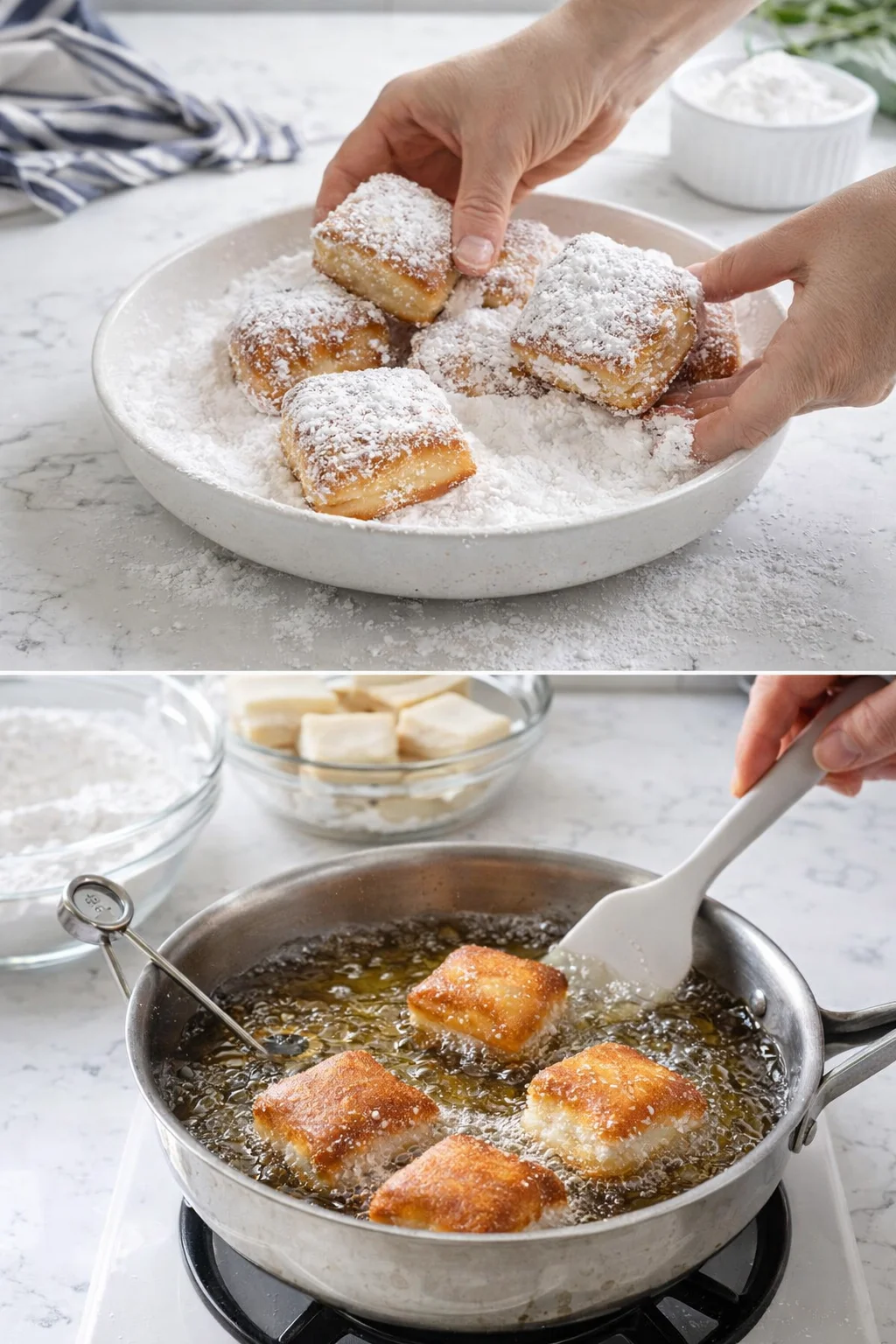 Hands hold square fried dough bites dusted with powdered sugar in a white bowl.