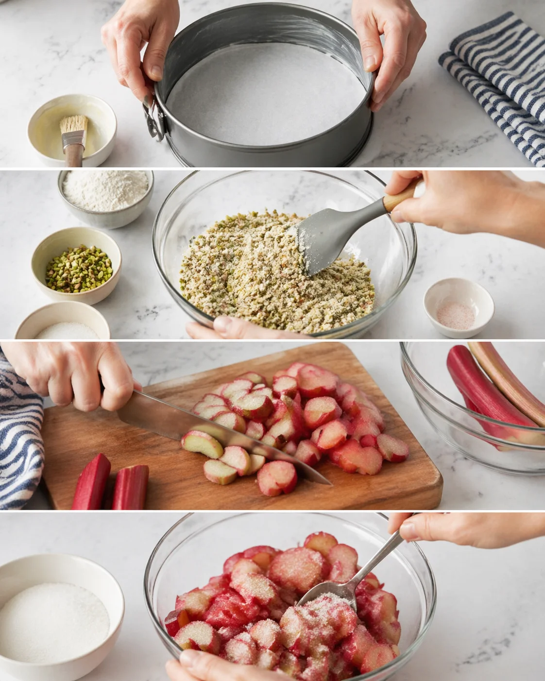 Hands prepare a lined springform pan, mix crumb topping, and chop rhubarb on marble counter.