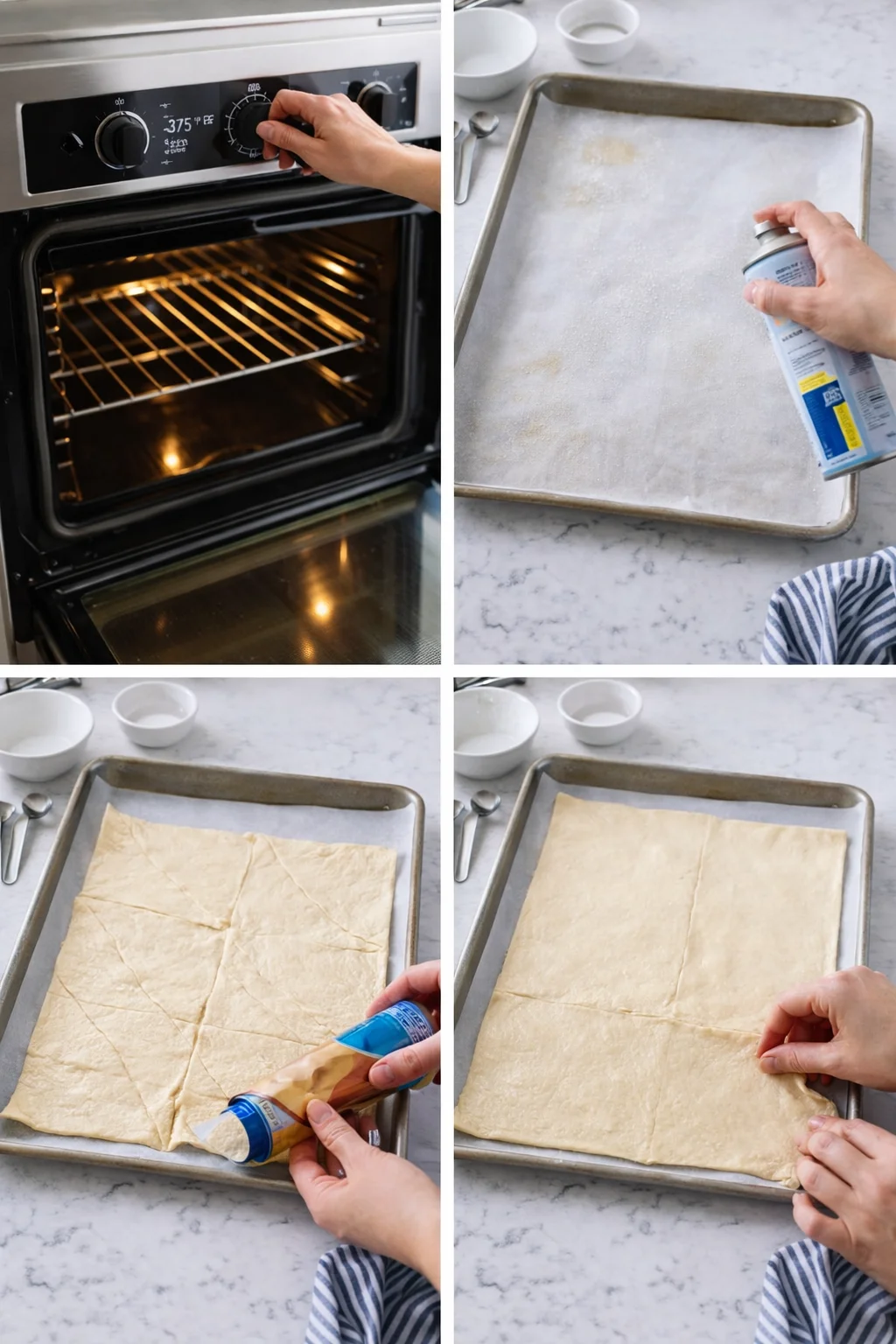 Four-panel collage showing oven preheat, oil-spraying parchment, and puff pastry prep on baking sheet.