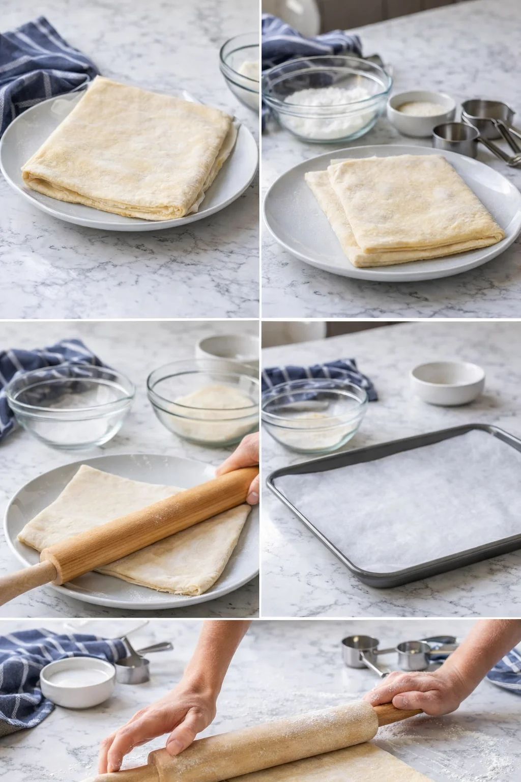 Collage of pastry dough sheets on plates, bowls of flour, rolling pin, and hands rolling dough.