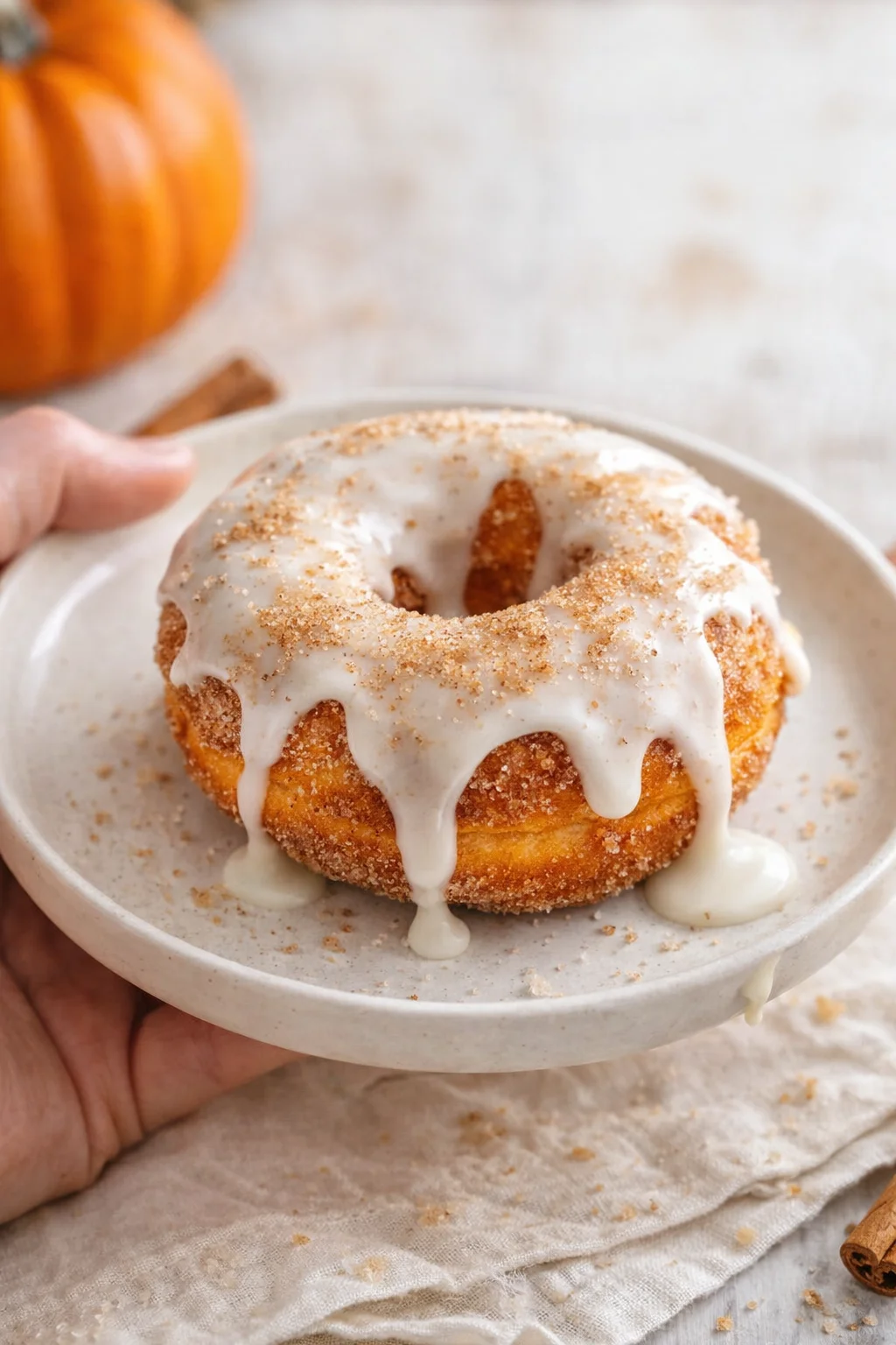 Pumpkin-spiced donut on a ceramic plate, coated in white glaze with crumb topping, autumn kitchen scene.