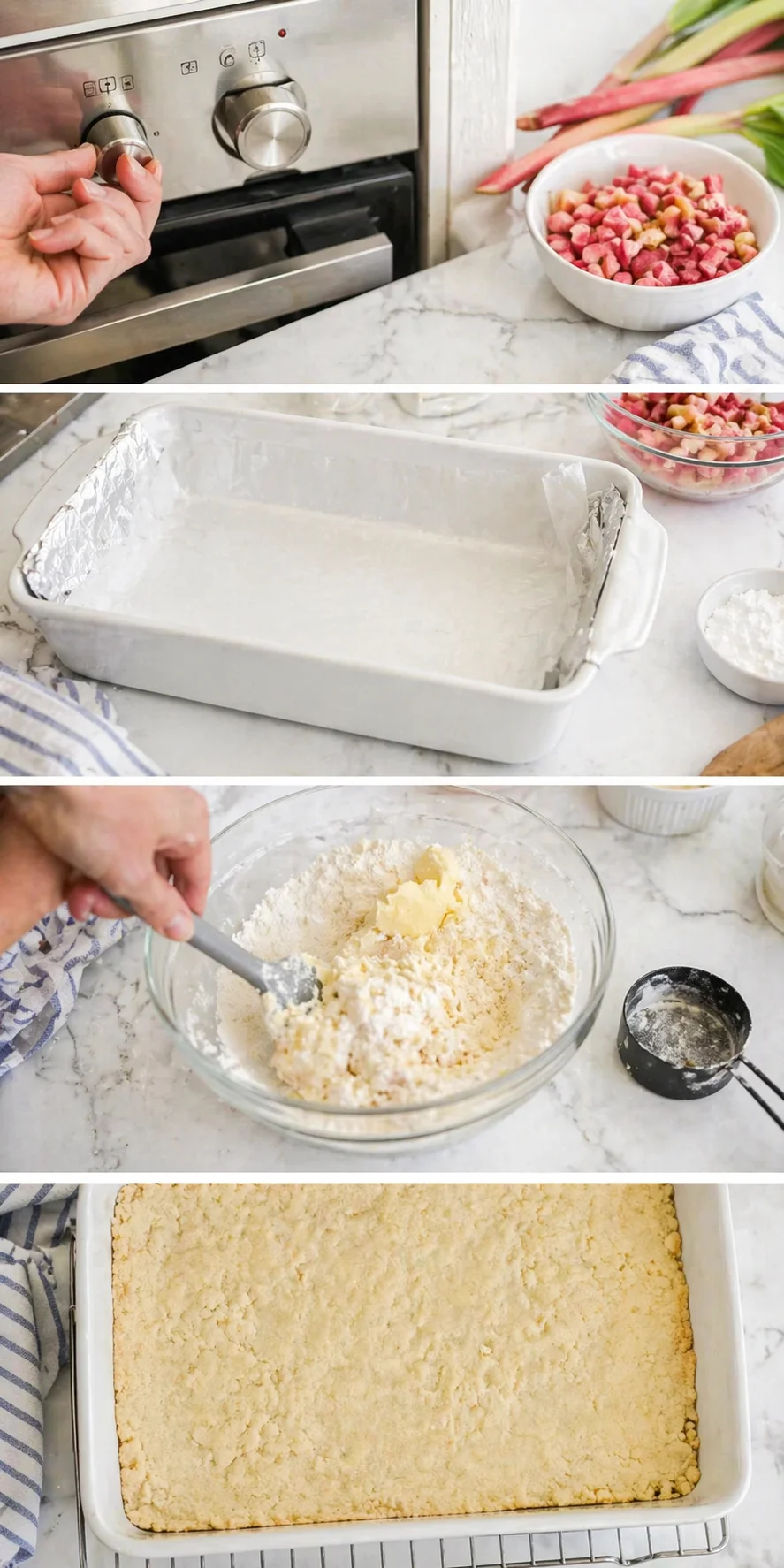 Collage of rhubarb-bar preparation: turning oven dial, chopped rhubarb, foil-lined pan, mixing crumb dough, baked bars