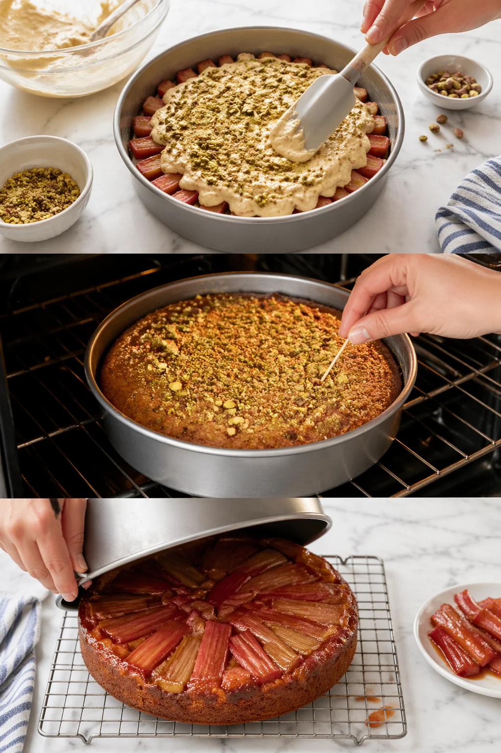Three-panel collage showing rhubarb cake being assembled, baked, and released from a pan.