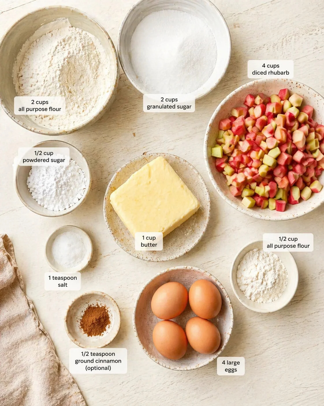 Top-down view of baking ingredients arranged in bowls, including diced rhubarb, flour, sugar, eggs, and butter, with measurement labels.