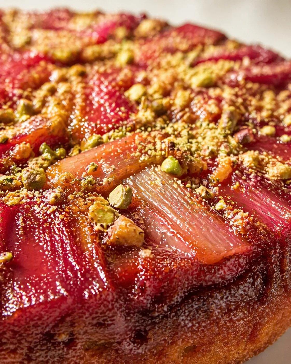 Close-up of glossy rhubarb slices on a cake, topped with pistachio crumble.