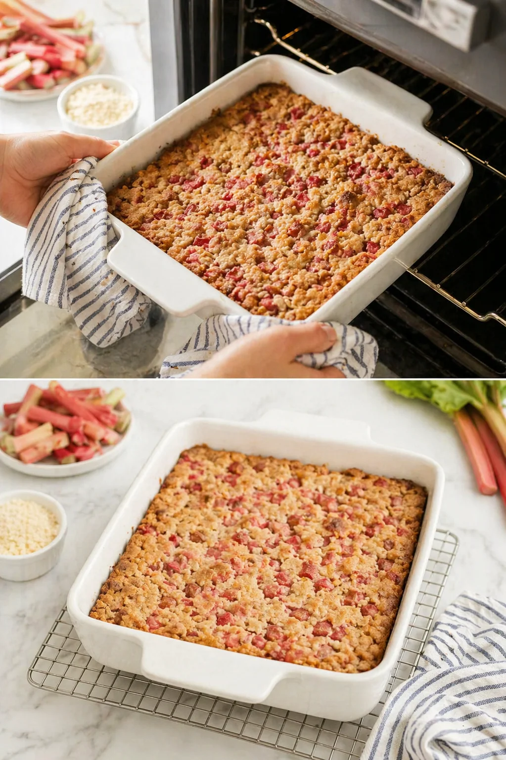Two-panel shot of a rhubarb crumble in a white baking dish, being removed from the oven and cooling on a rack.