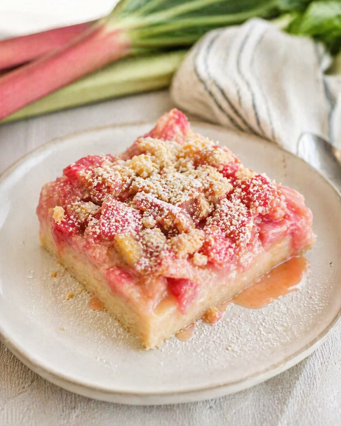 Pink rhubarb crumble bar on a beige plate with fresh rhubarb stalks in the background.