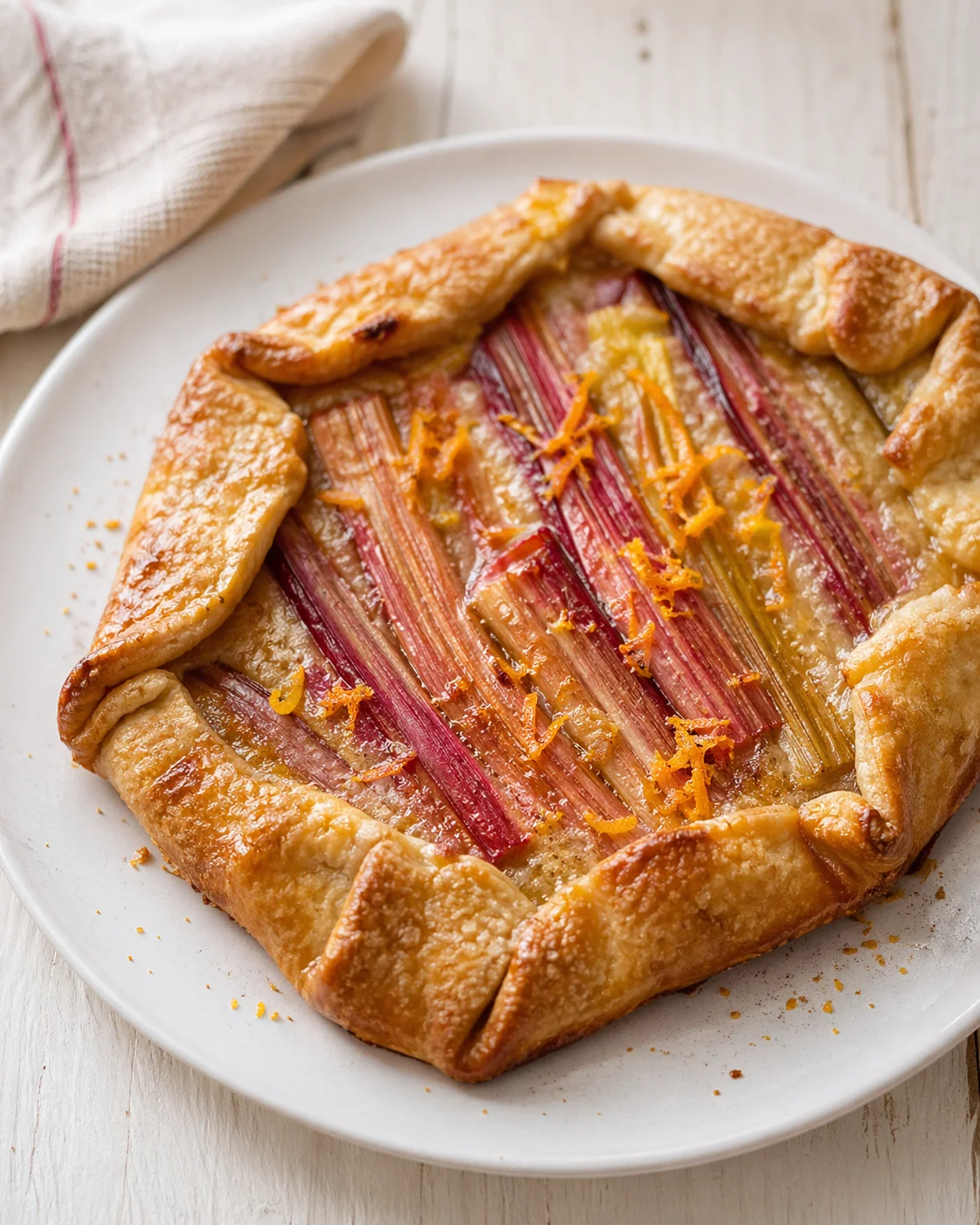 Golden-brown rhubarb galette on a white plate, orange zest sprinkled on top.