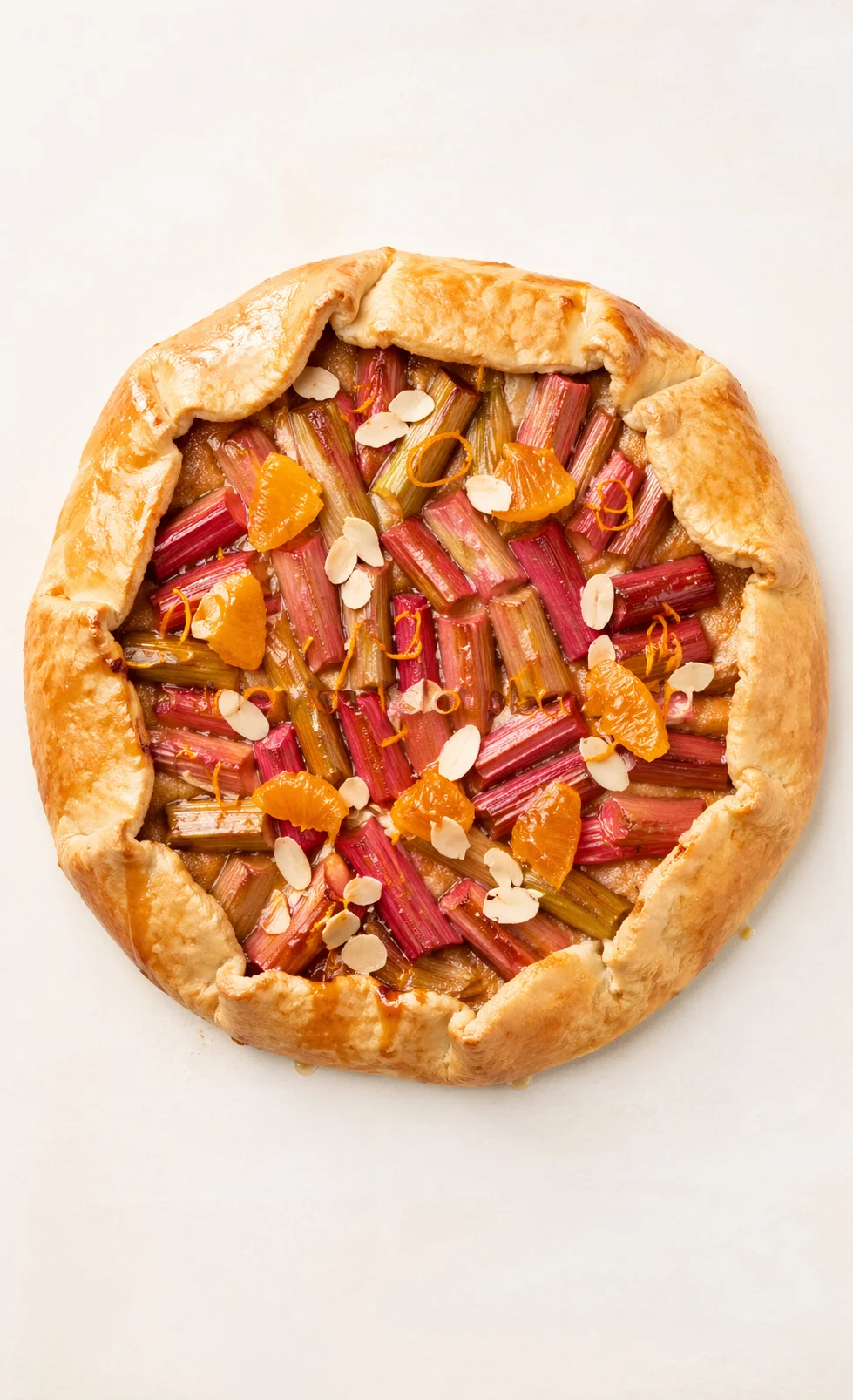 Top-down view of a round rhubarb-orange galette with almond slices on a pale background.