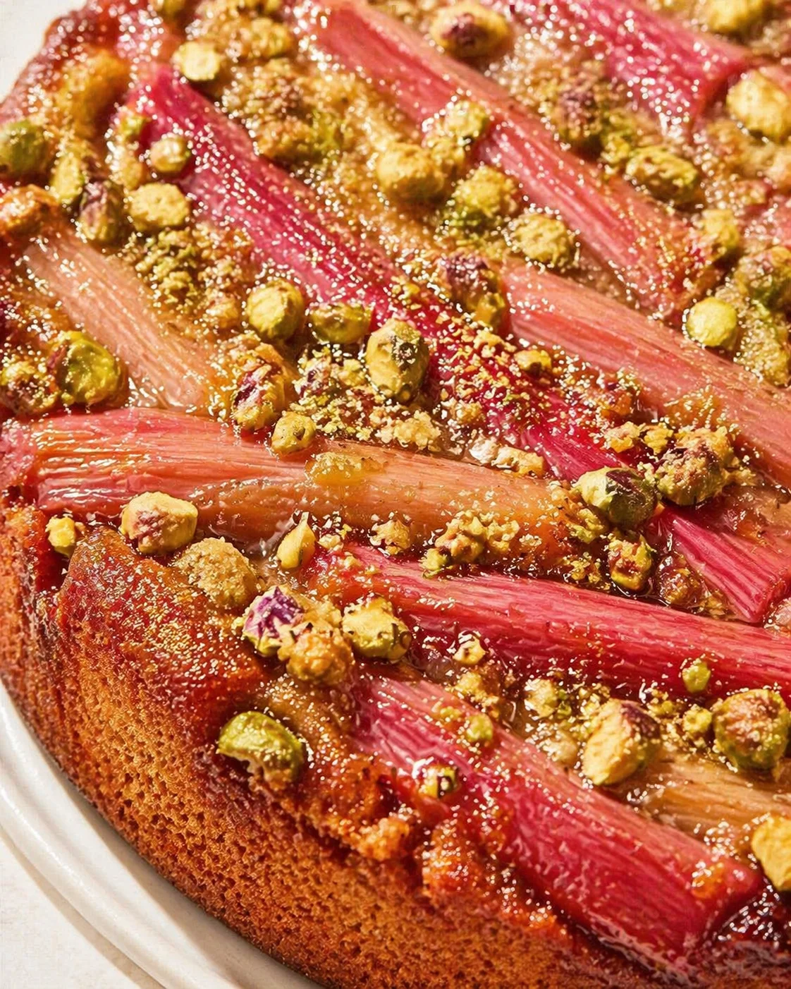 Close-up of a rhubarb-topped cake with pistachio crunch on a white plate