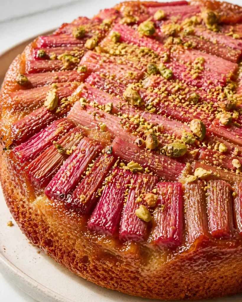 round rhubarb-topped tart with pistachio crumble on a light plate