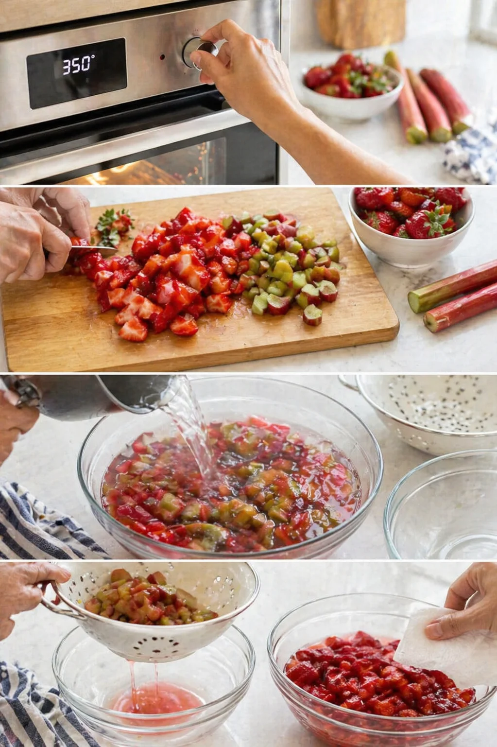 collage of strawberry and rhubarb being chopped, mixed, and strained in a bright kitchen.