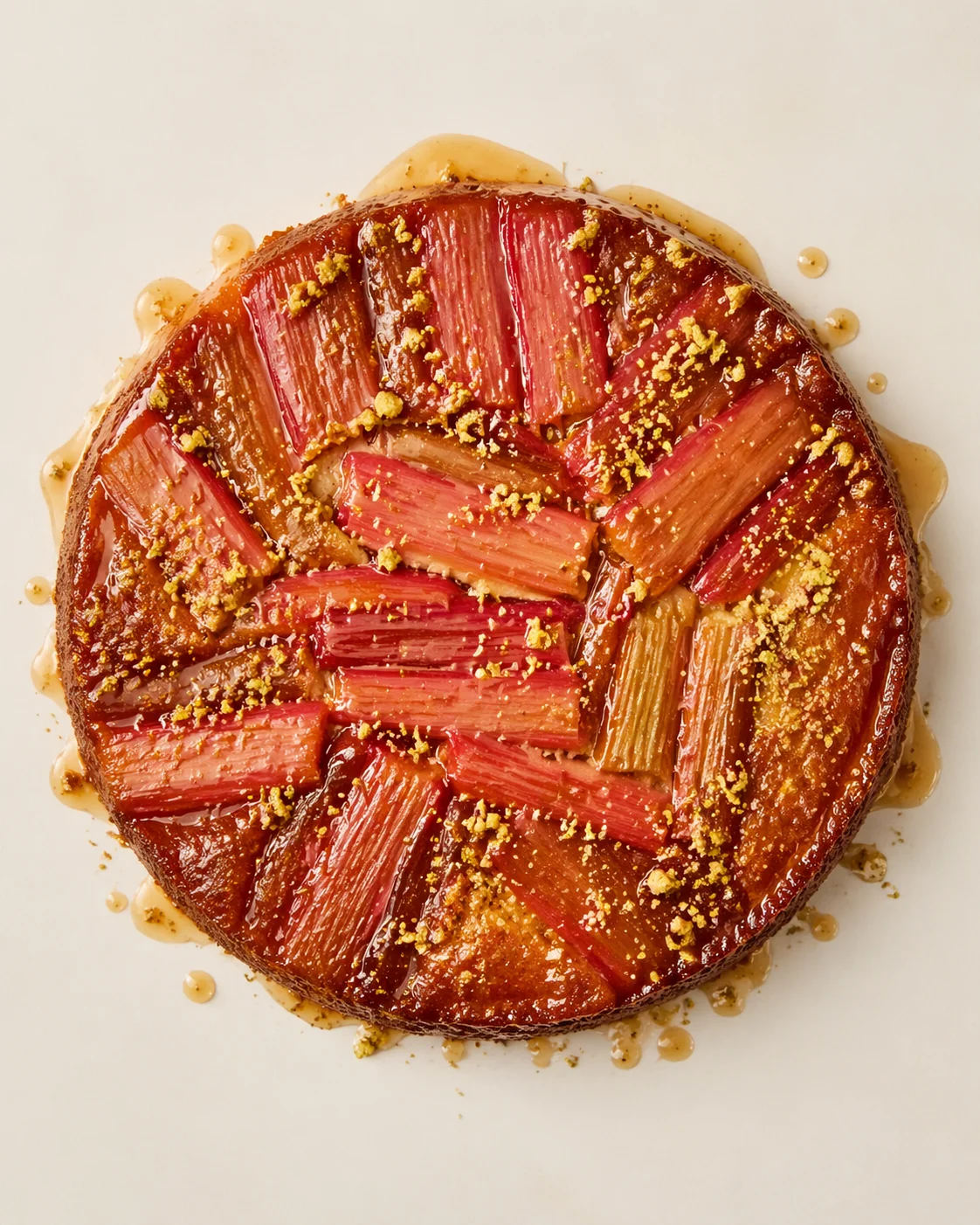 round rhubarb tart with pink-red rhubarb pieces arranged in a sunburst, glaze and crumbs on a pale surface