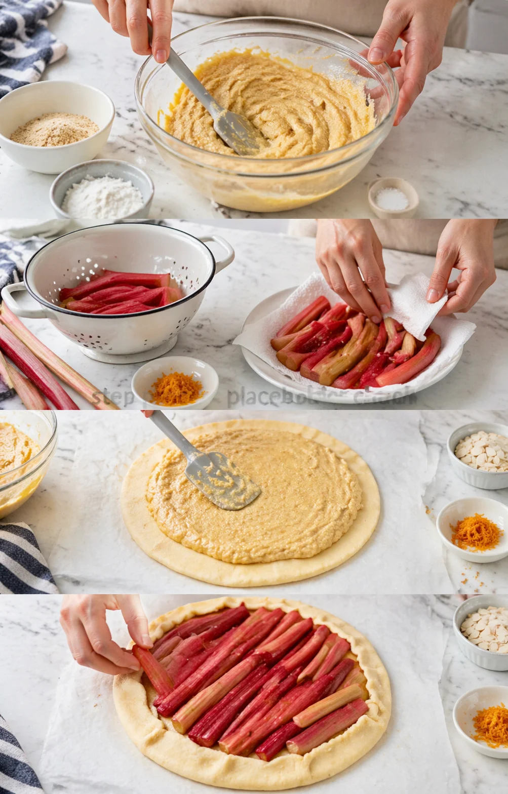 Collage showing batter mixing, rhubarb prep, and arranging rhubarb on pastry
